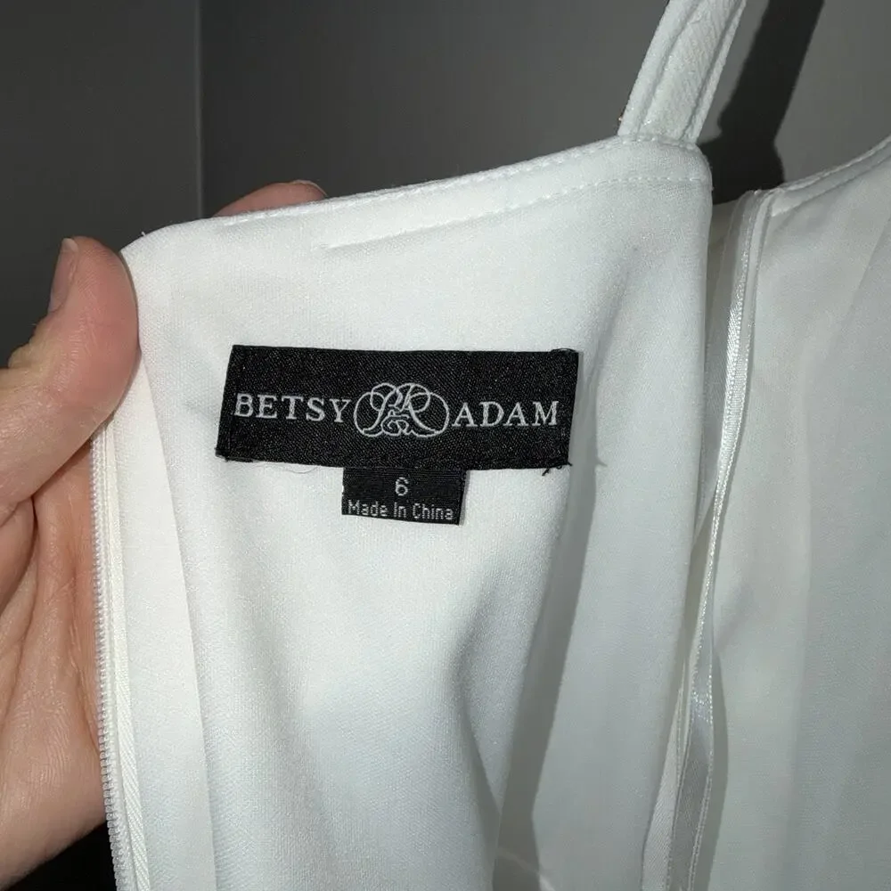 Betsy & Adam Woman’s Sz 6 White Mermaid Dress Silver Beaded Straps Cinched Waist